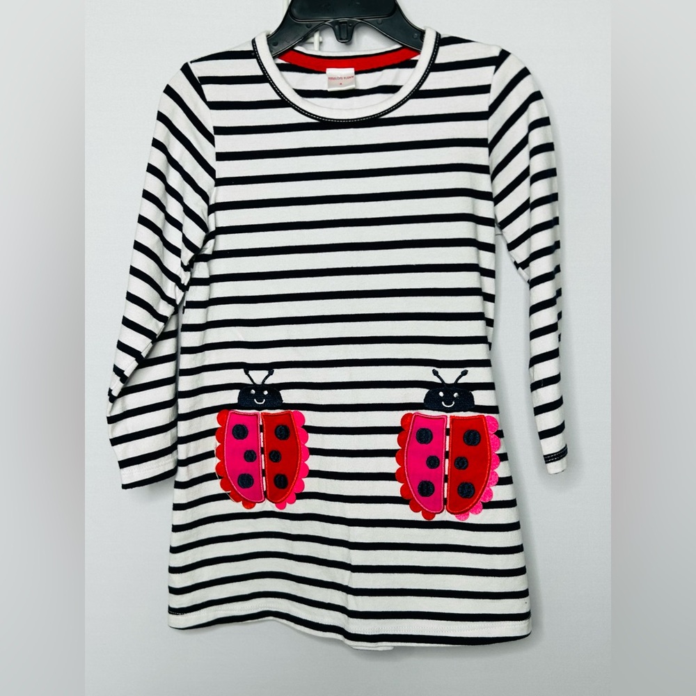 Penelope Plumm Striped Black and White Kids Casual Dress with Ladybug Design